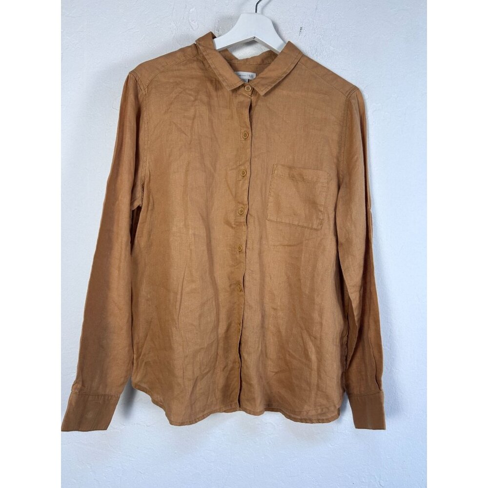 Garnet Hill Womens Button-Up Linen Shirt Size 12 Brown Pocket Long Sleeves NWOT